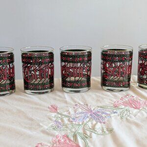 VTG Set 5 Houze Seasons Greetings Stained Glass Glasses Gold Rim 1970s MCM